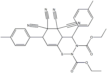 4,7-Bis(p-methylphenyl)-2,3,4a,5,6,7-hexahydro-5,5,6,6-tetracyano-4H-1,2,3-benzothiadiazine-2,3-dicarboxylic acid diethyl ester Structure