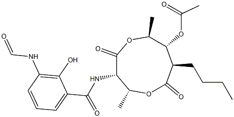 Acetic acid (2R,3S,6S,7R,8R)-8-butyl-3-[(3-formylamino-2-hydroxybenzoyl)amino]-2,6-dimethyl-4,9-dioxo-1,5-dioxonan-7-yl ester 구조식 이미지