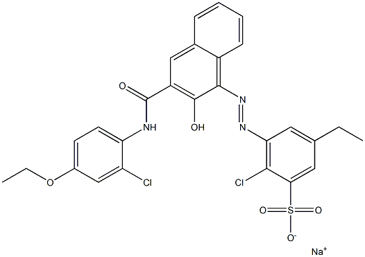 2-Chloro-5-ethyl-3-[[3-[[(2-chloro-4-ethoxyphenyl)amino]carbonyl]-2-hydroxy-1-naphtyl]azo]benzenesulfonic acid sodium salt 구조식 이미지