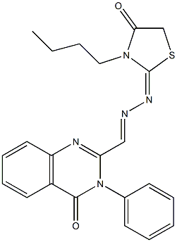 3-(Phenyl)-2-[2-[(2,3,4,5-tetrahydro-3-butyl-4-oxothiazole)-2-ylidene]hydrazonomethyl]quinazoline-4(3H)-one 구조식 이미지