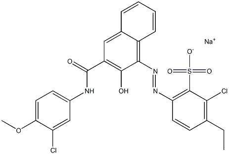 2-Chloro-3-ethyl-6-[[3-[[(3-chloro-4-methoxyphenyl)amino]carbonyl]-2-hydroxy-1-naphtyl]azo]benzenesulfonic acid sodium salt 구조식 이미지