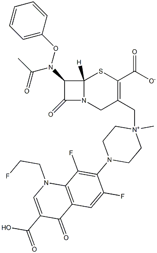 (7R)-7-(Phenoxyacetylamino)-3-[[4-[[3-carboxy-6,8-difluoro-1-(2-fluoroethyl)-1,4-dihydro-4-oxoquinolin]-7-yl]-1-methylpiperazinium]-1-ylmethyl]cepham-3-ene-4-carboxylate 구조식 이미지