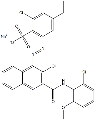 2-Chloro-4-ethyl-6-[[3-[[(2-chloro-6-methoxyphenyl)amino]carbonyl]-2-hydroxy-1-naphtyl]azo]benzenesulfonic acid sodium salt 구조식 이미지