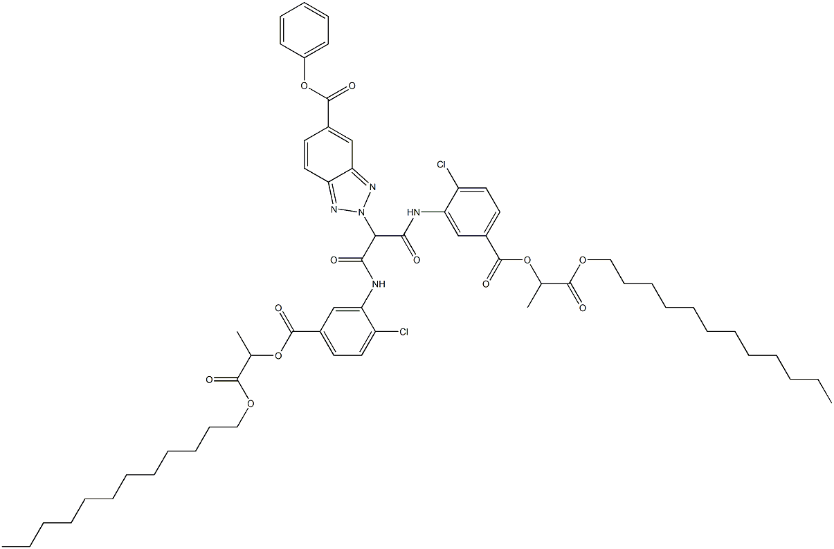 2-[Bis[2-chloro-5-[1-(dodecyloxycarbonyl)ethoxycarbonyl]phenylaminocarbonyl]methyl]-2H-benzotriazole-5-carboxylic acid phenyl ester Structure