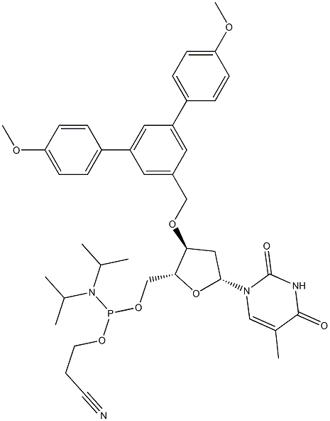 3'-O-[3,5-Bis(4-methoxyphenyl)benzyl]-5'-O-[(diisopropylamino)(2-cyanoethyloxy)phosphino]thymidine 구조식 이미지