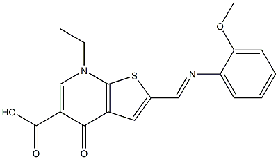 2-[(2-Methoxyphenyl)iminomethyl]-4,7-dihydro-7-ethyl-4-oxothieno[2,3-b]pyridine-5-carboxylic acid 구조식 이미지