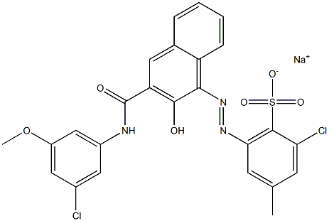 2-Chloro-4-methyl-6-[[3-[[(3-chloro-5-methoxyphenyl)amino]carbonyl]-2-hydroxy-1-naphtyl]azo]benzenesulfonic acid sodium salt 구조식 이미지