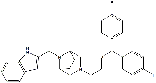 3-(2-(bis(4-fluorophenyl)methoxy)ethyl)-8-(1H-indol-2-ylmethyl)-3,8-diazabicyclo(3.2.1)octane 구조식 이미지