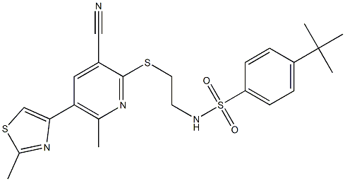 N1-(2-{[3-cyano-6-methyl-5-(2-methyl-1,3-thiazol-4-yl)-2-pyridyl]thio}ethyl)-4-(tert-butyl)benzene-1-sulfonamide 구조식 이미지