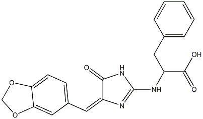 2-({4-[(Z)-1,3-benzodioxol-5-ylmethylidene]-5-oxo-1,5-dihydro-4H-imidazol-2-yl}amino)-3-phenylpropanoic acid 구조식 이미지