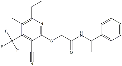 2-{[3-cyano-6-ethyl-5-methyl-4-(trifluoromethyl)-2-pyridinyl]sulfanyl}-N-(1-phenylethyl)acetamide 구조식 이미지