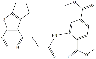 dimethyl 2-{[(6,7-dihydro-5H-cyclopenta[4,5]thieno[2,3-d]pyrimidin-4-ylsulfanyl)acetyl]amino}terephthalate Structure