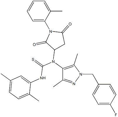 N'-(2,5-dimethylphenyl)-N-[1-(4-fluorobenzyl)-3,5-dimethyl-1H-pyrazol-4-yl]-N-[1-(2-methylphenyl)-2,5-dioxo-3-pyrrolidinyl]thiourea Structure