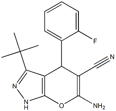 6-amino-3-(tert-butyl)-4-(2-fluorophenyl)-1,4-dihydropyrano[2,3-c]pyrazole-5-carbonitrile Structure