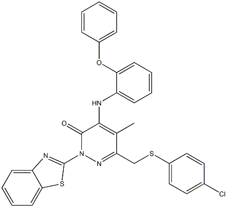 2-(1,3-benzothiazol-2-yl)-6-{[(4-chlorophenyl)sulfanyl]methyl}-5-methyl-4-(2-phenoxyanilino)pyridazin-3(2H)-one 구조식 이미지