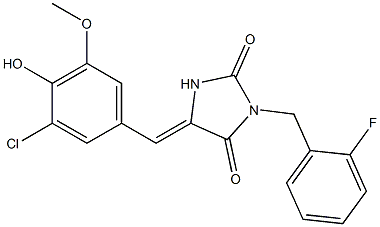 5-(3-chloro-4-hydroxy-5-methoxybenzylidene)-3-(2-fluorobenzyl)-2,4-imidazolidinedione Structure