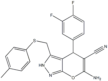 6-amino-4-(3,4-difluorophenyl)-3-{[(4-methylphenyl)sulfanyl]methyl}-2,4-dihydropyrano[2,3-c]pyrazole-5-carbonitrile 구조식 이미지