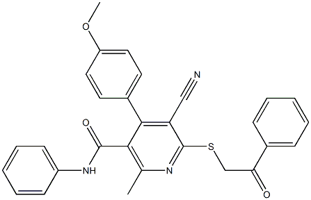 5-cyano-4-(4-methoxyphenyl)-2-methyl-6-[(2-oxo-2-phenylethyl)sulfanyl]-N-phenylnicotinamide Structure