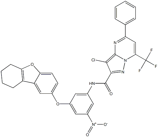 3-chloro-N-[3-nitro-5-(6,7,8,9-tetrahydrodibenzo[b,d]furan-2-yloxy)phenyl]-5-phenyl-7-(trifluoromethyl)pyrazolo[1,5-a]pyrimidine-2-carboxamide Structure