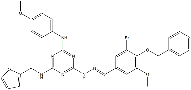 4-(benzyloxy)-3-bromo-5-methoxybenzaldehyde [4-[(2-furylmethyl)amino]-6-(4-methoxyanilino)-1,3,5-triazin-2-yl]hydrazone 구조식 이미지