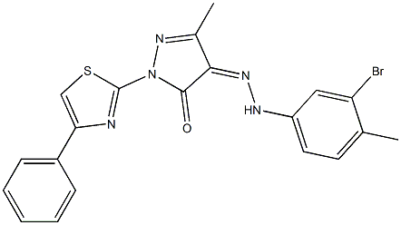 3-methyl-1-(4-phenyl-1,3-thiazol-2-yl)-1H-pyrazole-4,5-dione 4-[N-(3-bromo-4-methylphenyl)hydrazone] 구조식 이미지