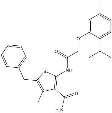 5-benzyl-2-{[2-(2-isopropyl-5-methylphenoxy)acetyl]amino}-4-methyl-3-thiophenecarboxamide 구조식 이미지