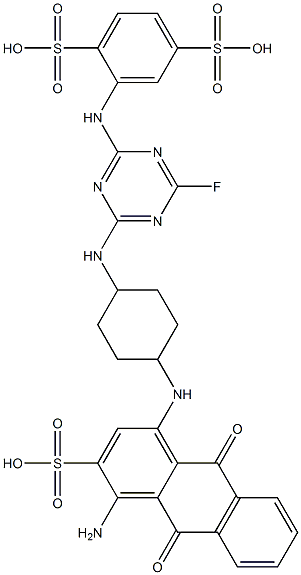 2-[[4-[[4-[[(4-Amino-9,10-dihydro-9,10-dioxo-3-sulfoanthracen)-1-yl]amino]cyclohexyl]amino]-6-fluoro-1,3,5-triazin-2-yl]amino]-1,4-benzenedisulfonic acid 구조식 이미지