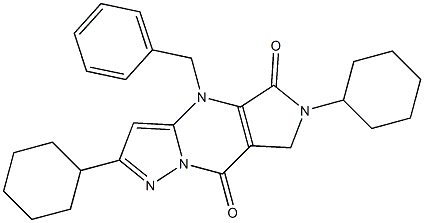 6,7-Dihydro-4-benzyl-2,6-dicyclohexyl-4H-1,4,6,8a-tetraaza-s-indacene-5,8-dione 구조식 이미지