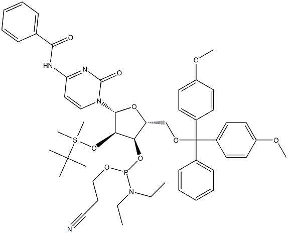 N-Benzoyl-5'-O-(4,4'-dimethoxytrityl)-2'-O-(tert-butyldimethylsilyl)cytidine 3'-[diethylaminophosphonous acid (2-cyanoethyl)] ester Structure