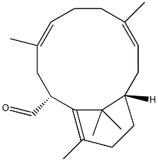 (2R,11S,4E,8E)-4,8,14,15,15-Pentamethylbicyclo[9.3.1]pentadeca-4,8,14(1)-triene-2-carbaldehyde 구조식 이미지