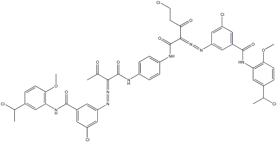 3,3'-[2-(Chloromethyl)-1,4-phenylenebis[iminocarbonyl(acetylmethylene)azo]]bis[N-[3-(1-chloroethyl)-6-methoxyphenyl]-5-chlorobenzamide] 구조식 이미지