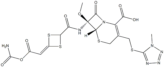 (6R,7S)-7-[4-(Carbamoyloxycarbonyl)methylene-1,3-dithietan-2-ylcarbonylamino]-7-methoxy-3-(1-methyl-1H-tetrazol-5-ylthiomethyl)-8-oxo-5-thia-1-azabicyclo[4.2.0]oct-2-ene-2-carboxylic acid 구조식 이미지