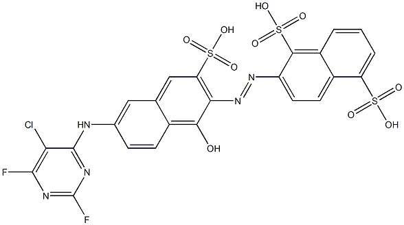 2-[[6-[(5-Chloro-2,6-difluoropyrimidin-4-yl)amino]-1-hydroxy-3-sulfonaphthalen-2-yl]azo]-1,5-naphthalenedisulfonic acid 구조식 이미지