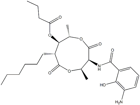 Butanoic acid (3S,4R,7R,8R,9S)-3-[(3-amino-2-hydroxybenzoyl)amino]-4,9-dimethyl-2,6-dioxo-7-hexyl-1,5-dioxonan-8-yl ester 구조식 이미지