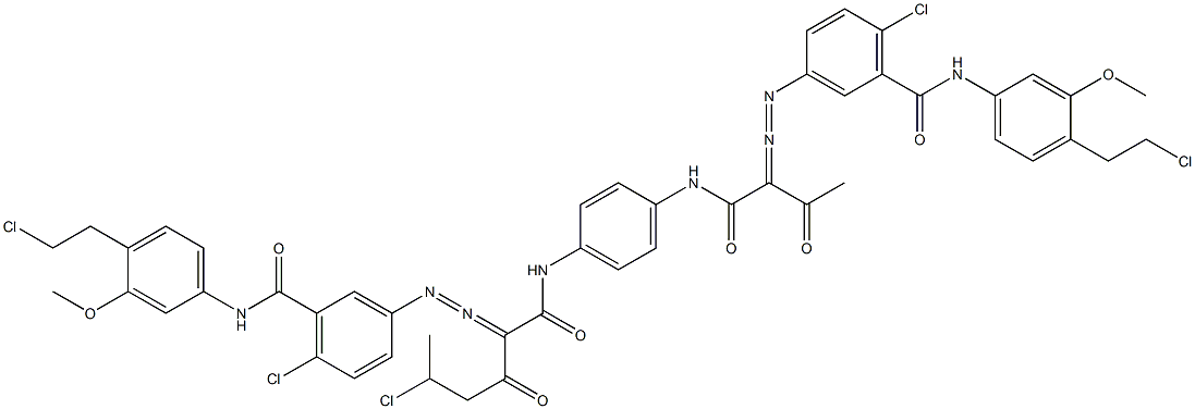 3,3'-[2-(1-Chloroethyl)-1,4-phenylenebis[iminocarbonyl(acetylmethylene)azo]]bis[N-[4-(2-chloroethyl)-3-methoxyphenyl]-6-chlorobenzamide] 구조식 이미지