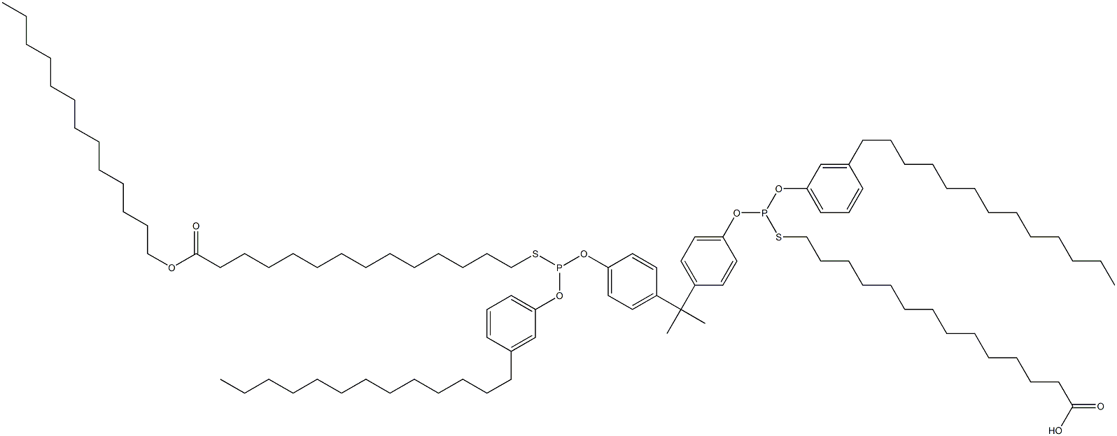 14,14'-[[Isopropylidenebis(4,1-phenyleneoxy)]bis[[(3-tridecylphenyl)oxy]phosphinediylthio]]bis(tetradecanoic acid tridecyl) ester 구조식 이미지