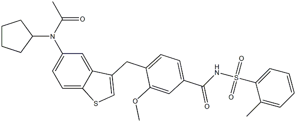 4-[5-(Cyclopentylacetylamino)-1-benzothiophen-3-ylmethyl]-3-methoxy-N-(2-methylphenylsulfonyl)benzamide 구조식 이미지
