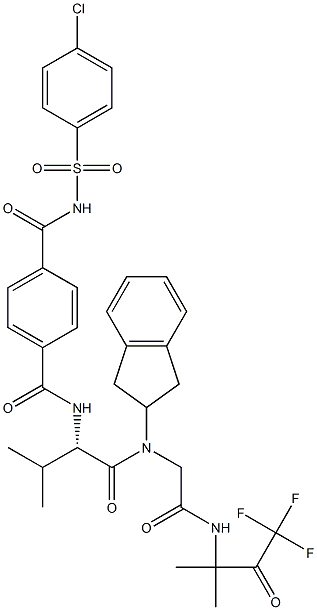 N-[(1S)-1-[[[(2,3-Dihydro-1H-inden)-2-yl][[[2-(trifluoroacetyl)propan-2-yl]carbamoyl]methyl]amino]carbonyl]-2-methylpropyl]-N'-[(4-chlorophenyl)sulfonyl]terephthalamide 구조식 이미지