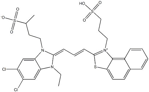 3-[[2-[3-[[5,6-Dichloro-1-ethyl-2,3-dihydro-3-(3-sulfonatobutyl)-1H-benzimidazol]-2-ylidene]-1-propenyl]naphtho[1,2-d]thiazol-1-ium]-1-yl]propane-1-sulfonic acid 구조식 이미지