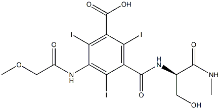 3-[[[(R)-1-(Hydroxymethyl)-2-(methylamino)-2-oxoethyl]amino]carbonyl]-2,4,6-triiodo-5-[(methoxyacetyl)amino]benzoic acid 구조식 이미지