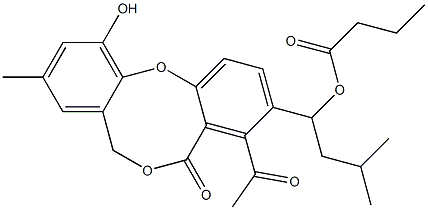 Butyric acid 1-(4-acetyl-11-hydroxy-9-methyl-5-oxo-5H,7H-dibenzo[b,g][1,5]dioxocin-3-yl)-3-methylbutyl ester Structure