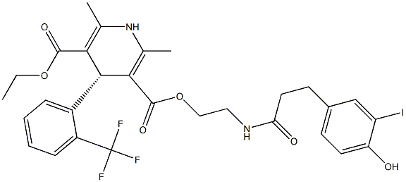(4R)-1,4-Dihydro-2,6-dimethyl-4-[2-(trifluoromethyl)phenyl]pyridine-3,5-dicarboxylic acid 3-[2-[3-(4-hydroxy-3-iodophenyl)propanoylamino]ethyl]5-ethyl ester 구조식 이미지