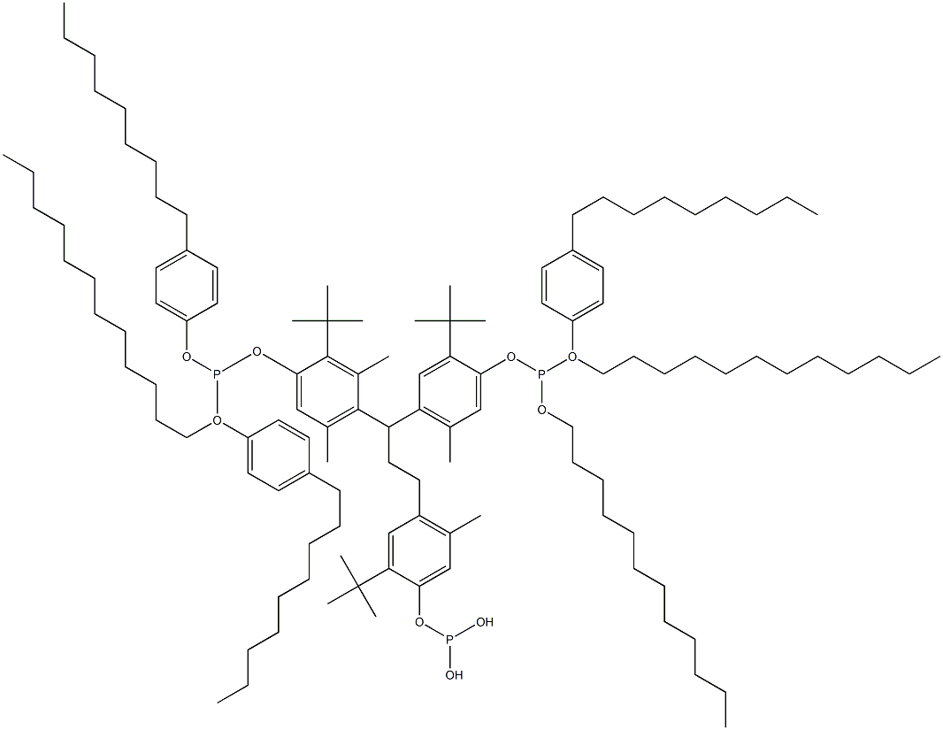 [3-Methyl-1,1,3-propanetriyltris(2-tert-butyl-5-methyl-4,1-phenyleneoxy)]tris(phosphonous acid)O,O',O''-tridodecyl O,O',O''-tris(4-nonylphenyl) ester 구조식 이미지