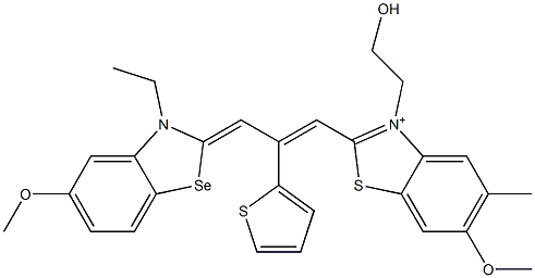 2-[3-(3-Ethyl-5-methoxybenzoselenazol-2(3H)-ylidene)-2-(2-thienyl)-1-propenyl]-3-(2-hydroxyethyl)-6-methoxy-5-methylbenzothiazol-3-ium 구조식 이미지