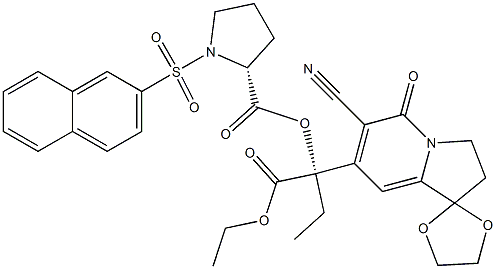 6-Cyano-7-[(S)-1-ethoxycarbonyl-1-[[(2R)-1-[(2-naphtyl)sulfonyl]-2-pyrrolidinyl]carbonyloxy]propyl]-2,3-dihydrospiro[indolizine-1,2'-[1,3]dioxolan]-5-one 구조식 이미지