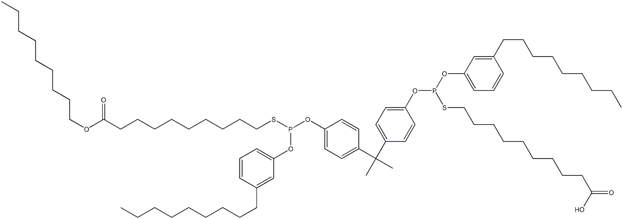 10,10'-[[Isopropylidenebis(4,1-phenyleneoxy)]bis[[(3-nonylphenyl)oxy]phosphinediylthio]]bis(decanoic acid nonyl) ester 구조식 이미지