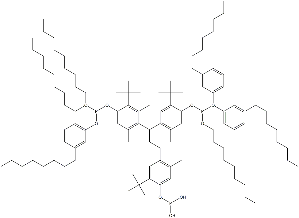 [3-Methyl-1,1,3-propanetriyltris(2-tert-butyl-5-methyl-4,1-phenyleneoxy)]tris(phosphonous acid)O,O',O'-trinonyl O,O'',O''-tris(3-octylphenyl) ester 구조식 이미지