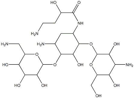 3-Amino-5-(4-amino-2-hydroxybutanoylamino)-6-(4-amino-3,5-dihydroxy-6-hydroxymethyltetrahydro-2H-pyran-2-yloxy)-2-(2-aminomethyl-3,4,5-trihydroxytetrahydro-2H-pyran-6-yloxy)-1-cyclohexanol 구조식 이미지