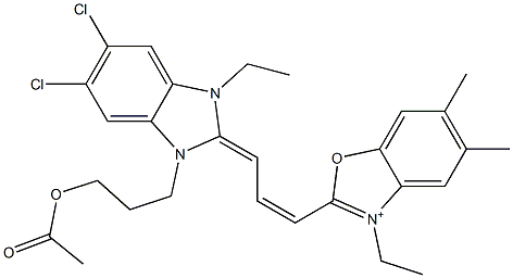 2-[3-[[1-[3-(Acetyloxy)propyl]-5,6-dichloro-3-ethyl-1,3-dihydro-2H-benzimidazol]-2-ylidene]-1-propenyl]-3-ethyl-5,6-dimethylbenzoxazol-3-ium 구조식 이미지