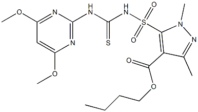 1,3-Dimethyl-5-[[(4,6-dimethoxypyrimidin-2-yl)thiocarbamoyl]sulfamoyl]-1H-pyrazole-4-carboxylic acid butyl ester 구조식 이미지